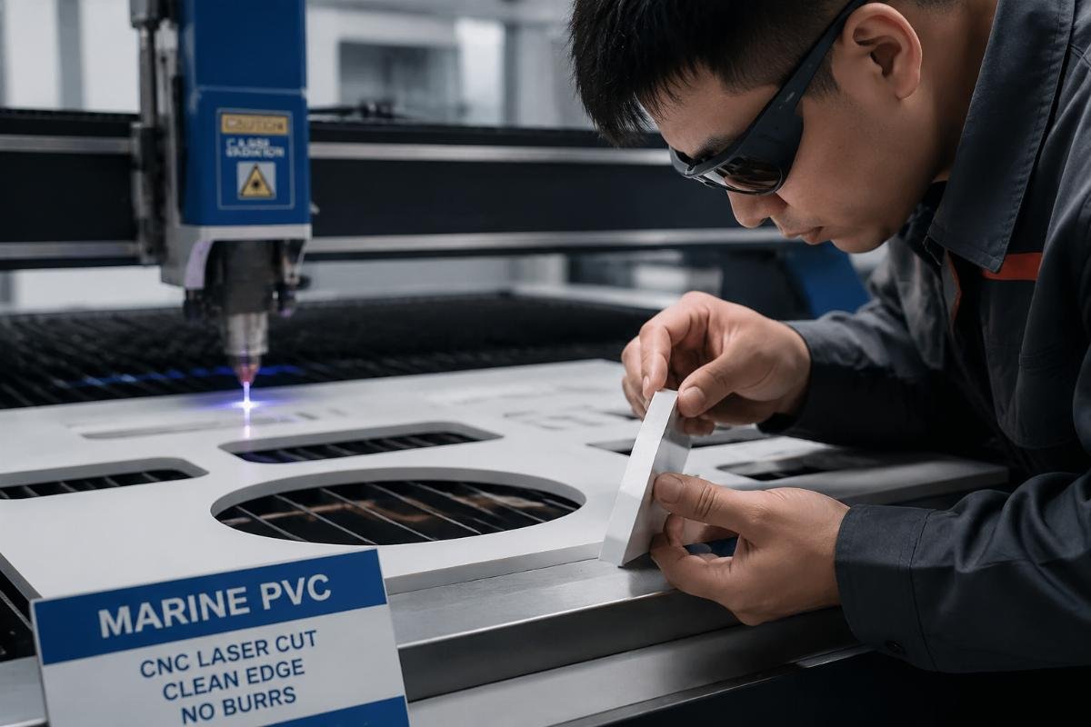 Technician inspecting a clean, burr-free cut edge on marine PVC material