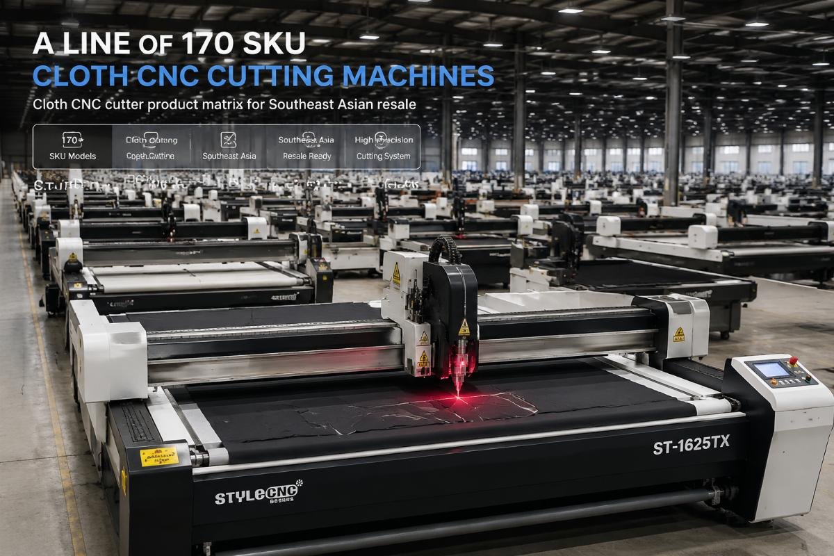 Cloth CNC cutter product matrix for Southeast Asian resale A line of 170 SKU cloth CNC cutting machines arranged in a factory warehouse