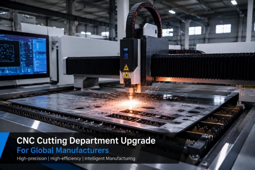 A factory cutting department with a modern CNC oscillating knife machine in operation