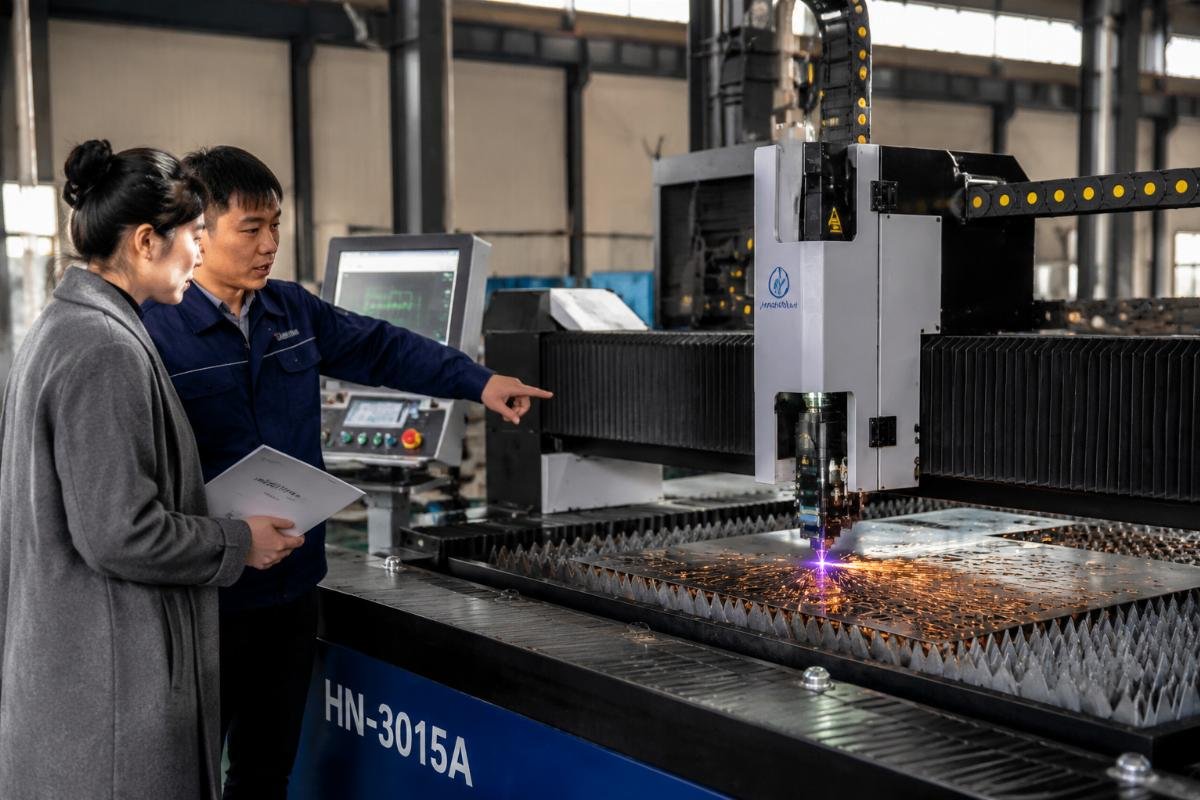 CNC cutting equipment supplier support and training Supplier representative demonstrating equipment setup and operation for an interior design client
