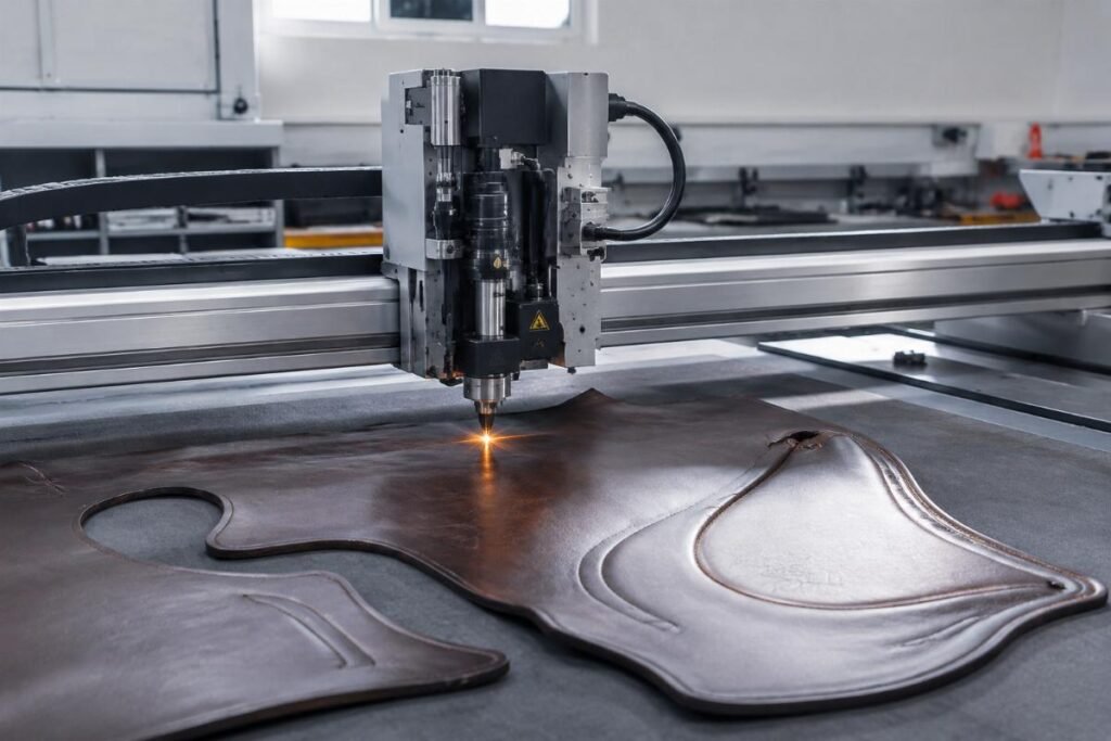 CNC oscillating knife cutting machine processing equestrian saddle leather in a clean production workshop