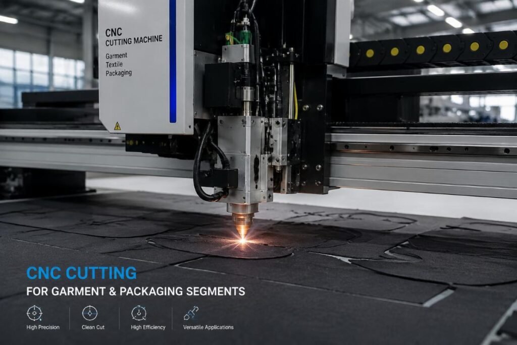 A CNC cutting machine processing garment fabric in a production facility