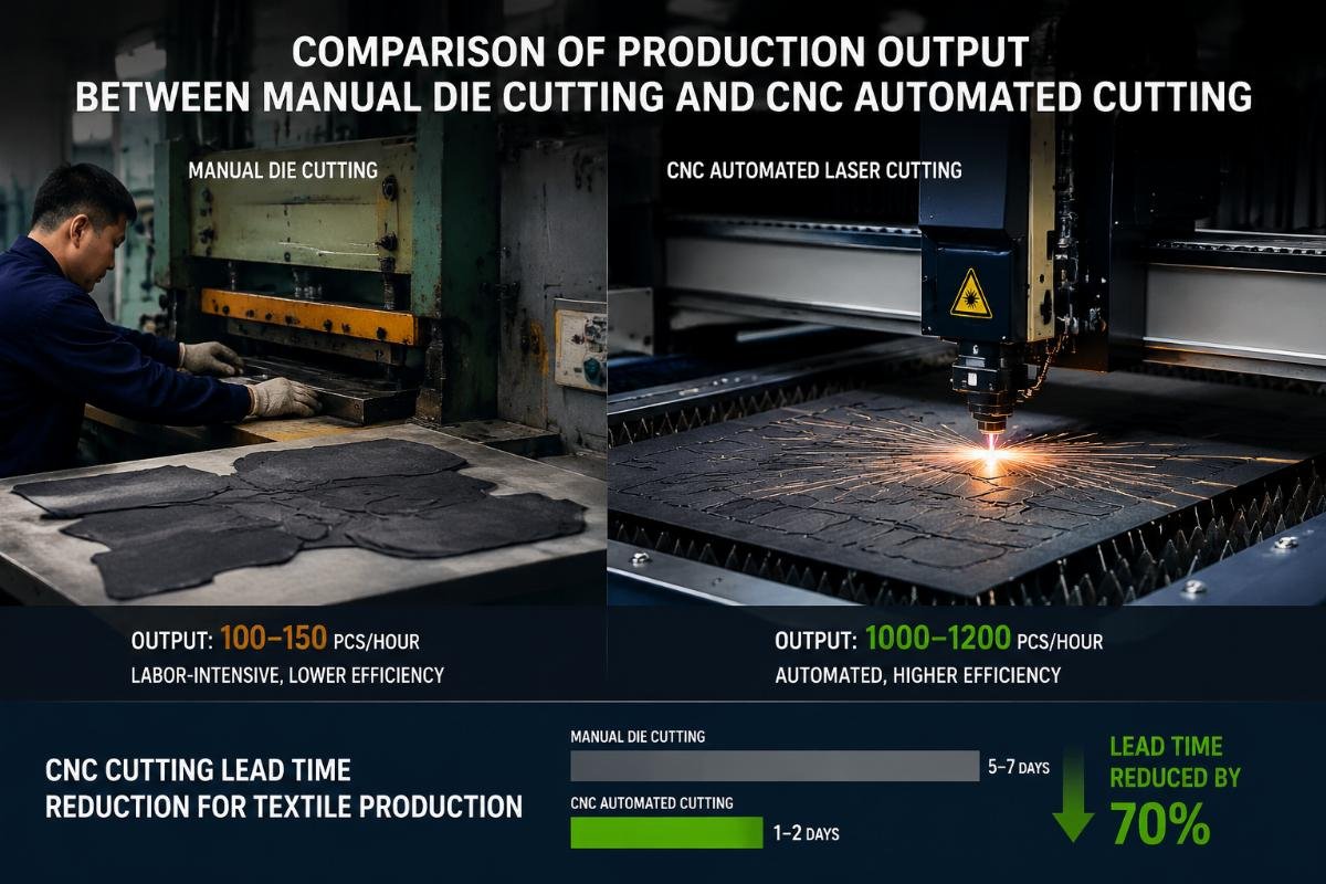 CNC cutting lead time reduction for textile production Comparison of production output between manual die cutting and CNC automated cutting
