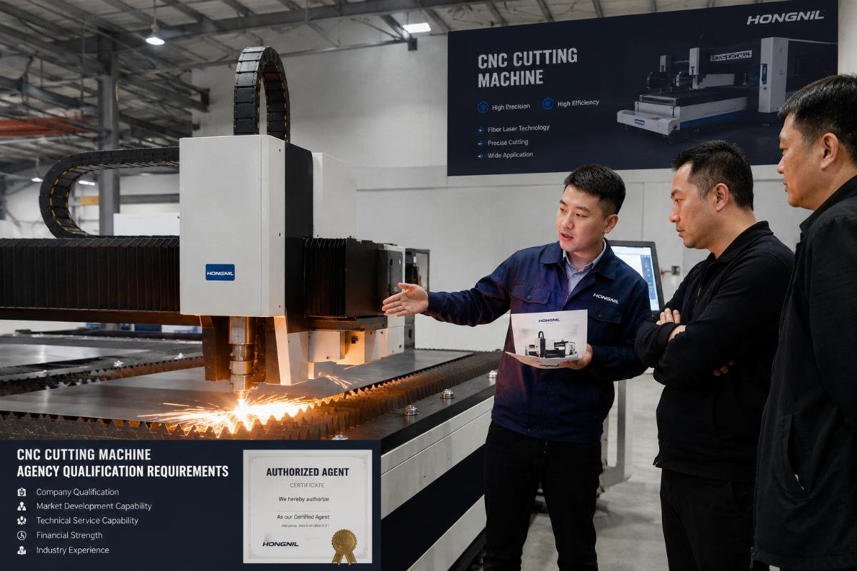 CNC cutting machine agency qualification requirements A sales team member presenting CNC cutting machine capabilities to local factory owners