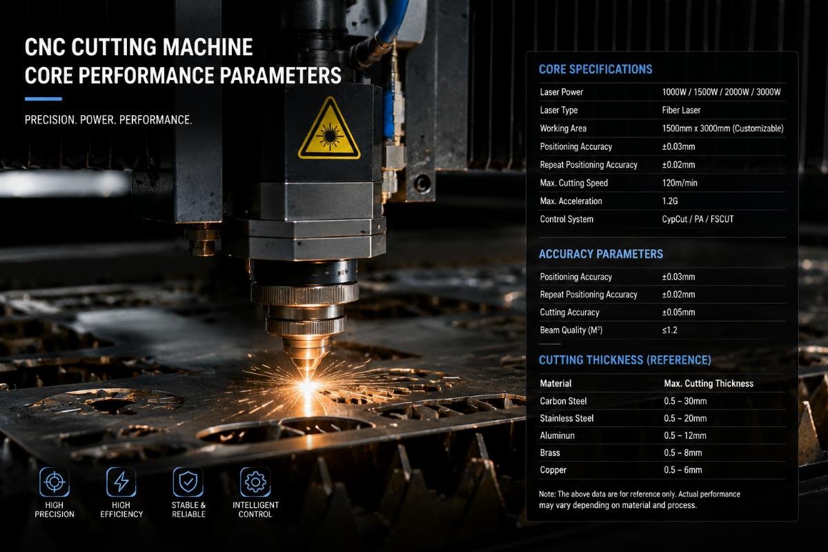 Core spec labels on a composite CNC cutting machine showing accuracy and cutting thickness parameters