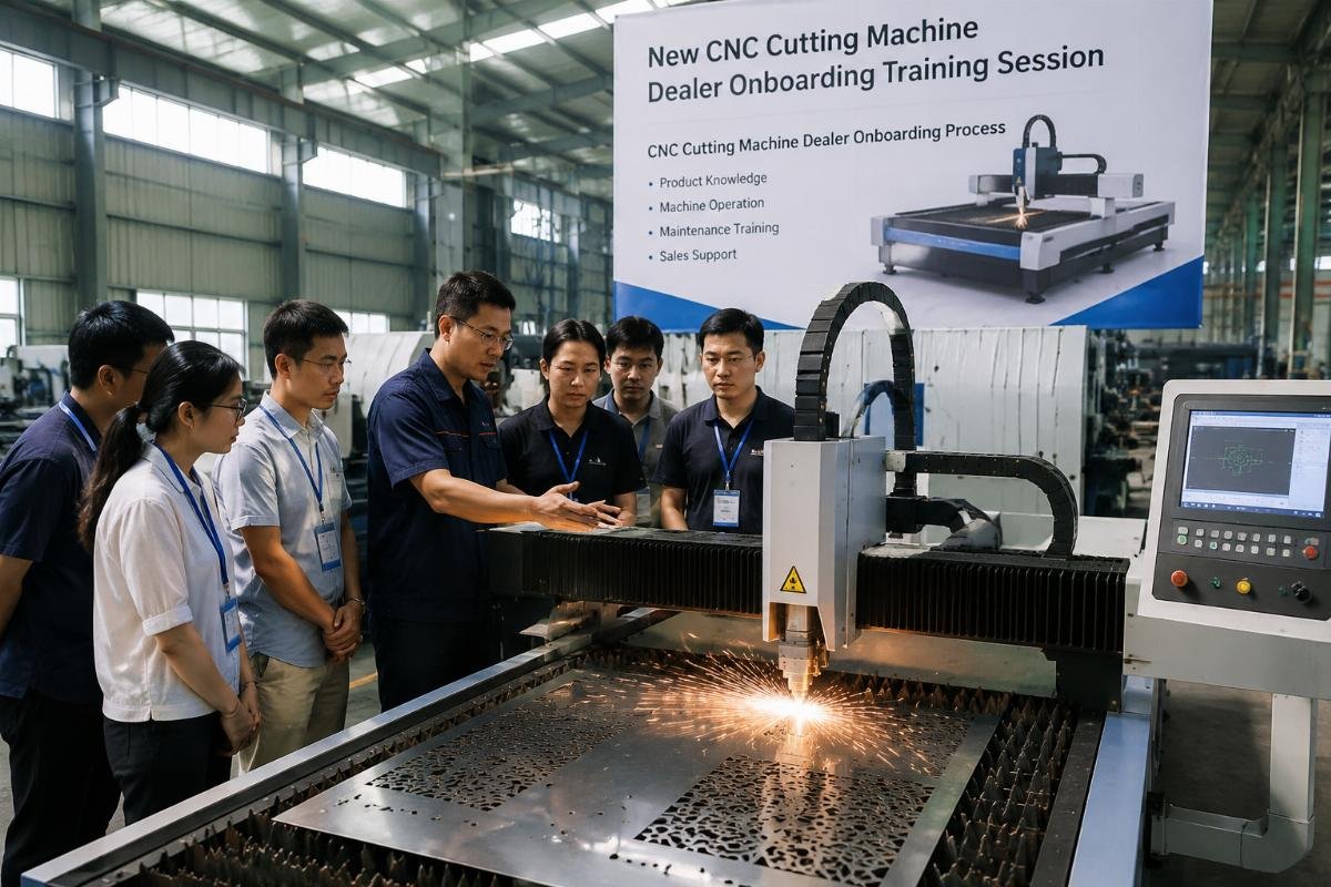 CNC cutting machine dealer onboarding process New CNC cutting machine dealer onboarding training session in a China factory workshop