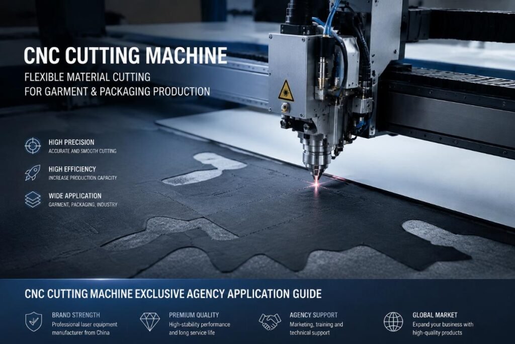 A CNC cutting machine running flexible material cutting for garment and packaging production