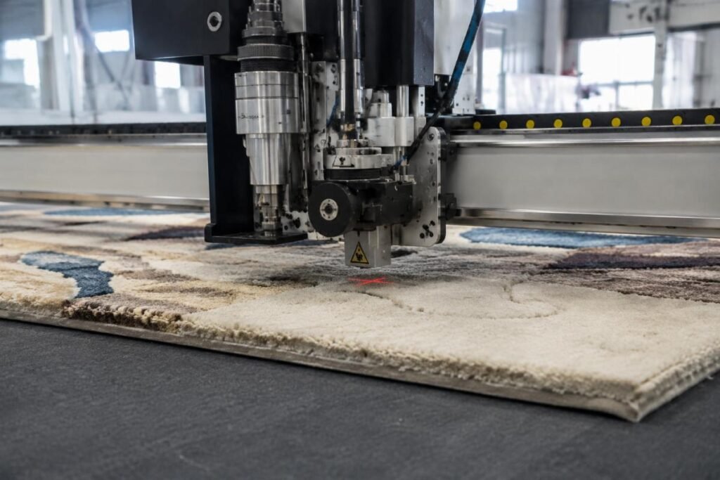 A CNC oscillating knife cutting machine processing thick tufted rug material in a factory setting