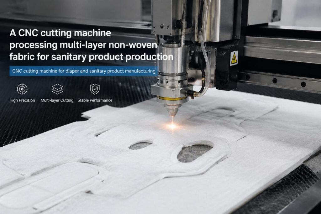 A CNC cutting machine processing multi-layer non-woven fabric for sanitary product production