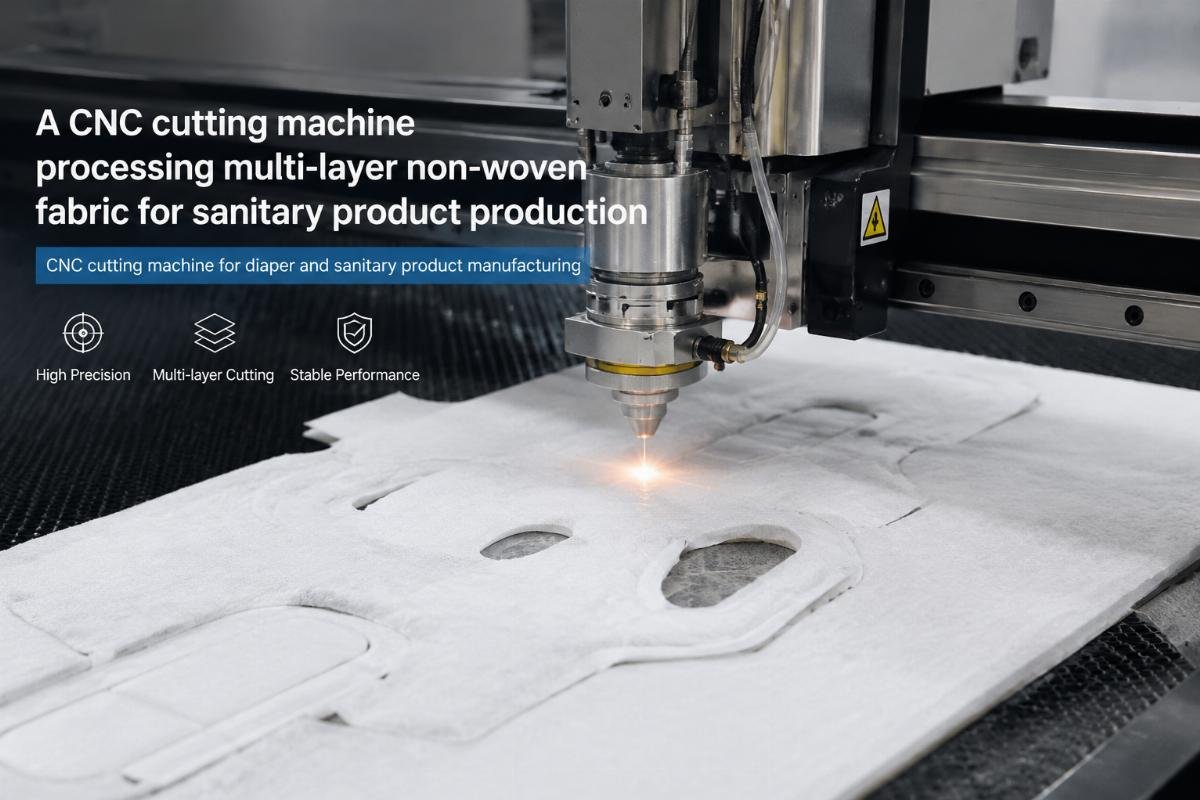 A CNC cutting machine processing multi-layer non-woven fabric for sanitary product production