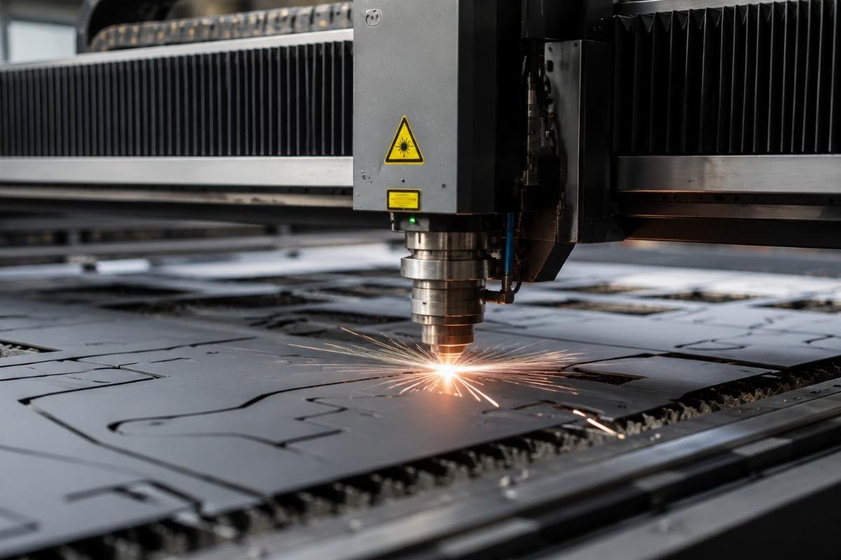 CNC cutting machine for distribution business evaluation A CNC oscillating knife cutting machine processing flexible material in a factory setting