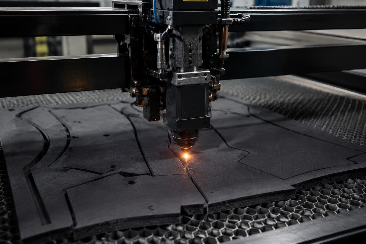 CNC cutting machine for wetsuits processing neoprene material A CNC oscillating knife cutting machine processing a sheet of neoprene for wetsuit production