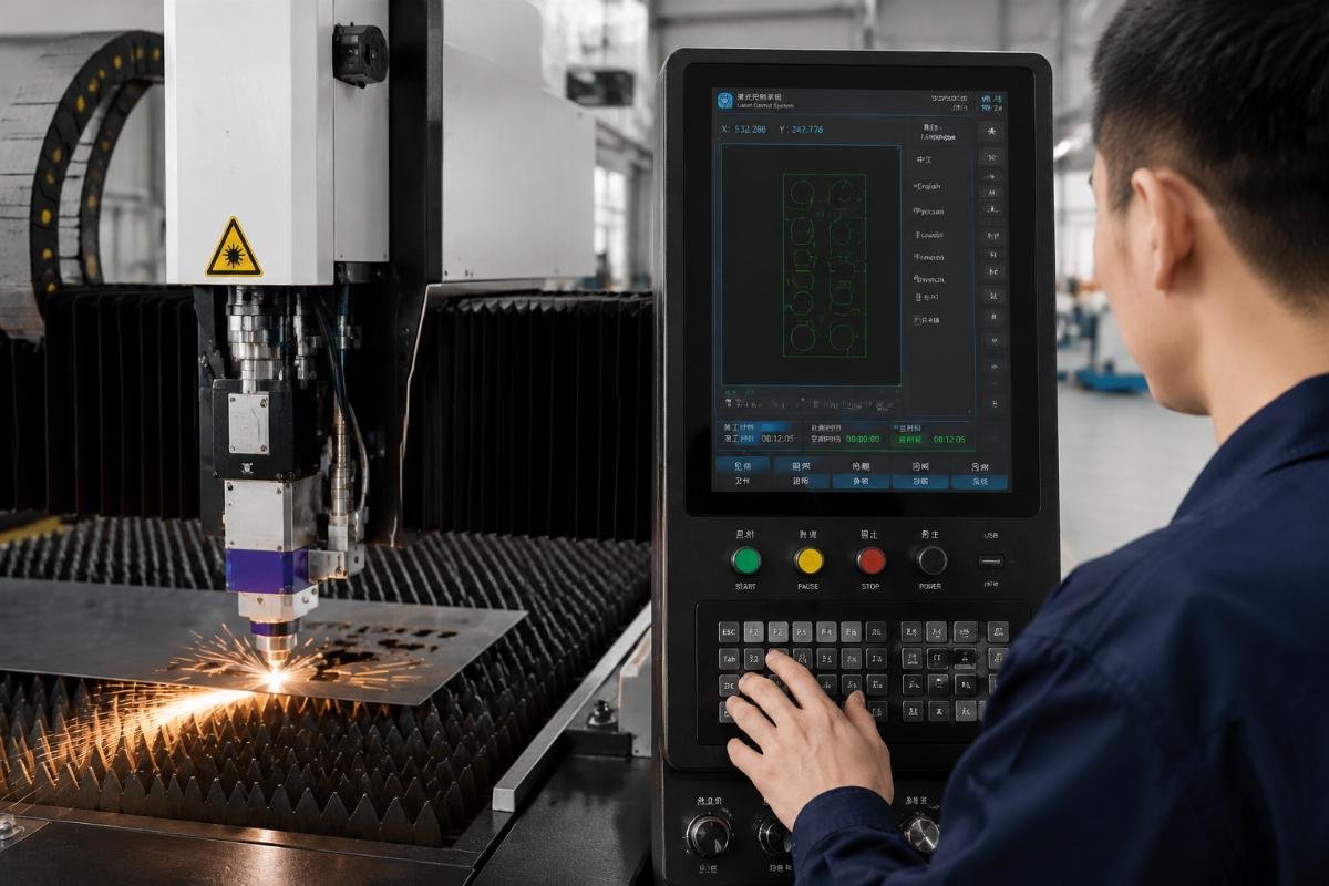 CNC cutting machine operation interface Production team operating a modern CNC cutting machine with a simple multi-language interface