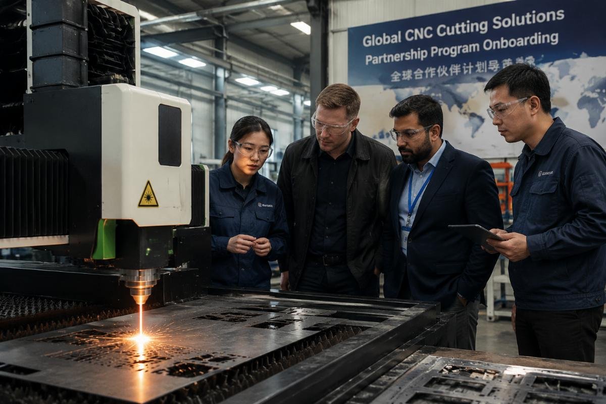 CNC cutting machine partnership program onboarding Global equipment traders reviewing CNC cutting machine samples at a China manufacturing facility
