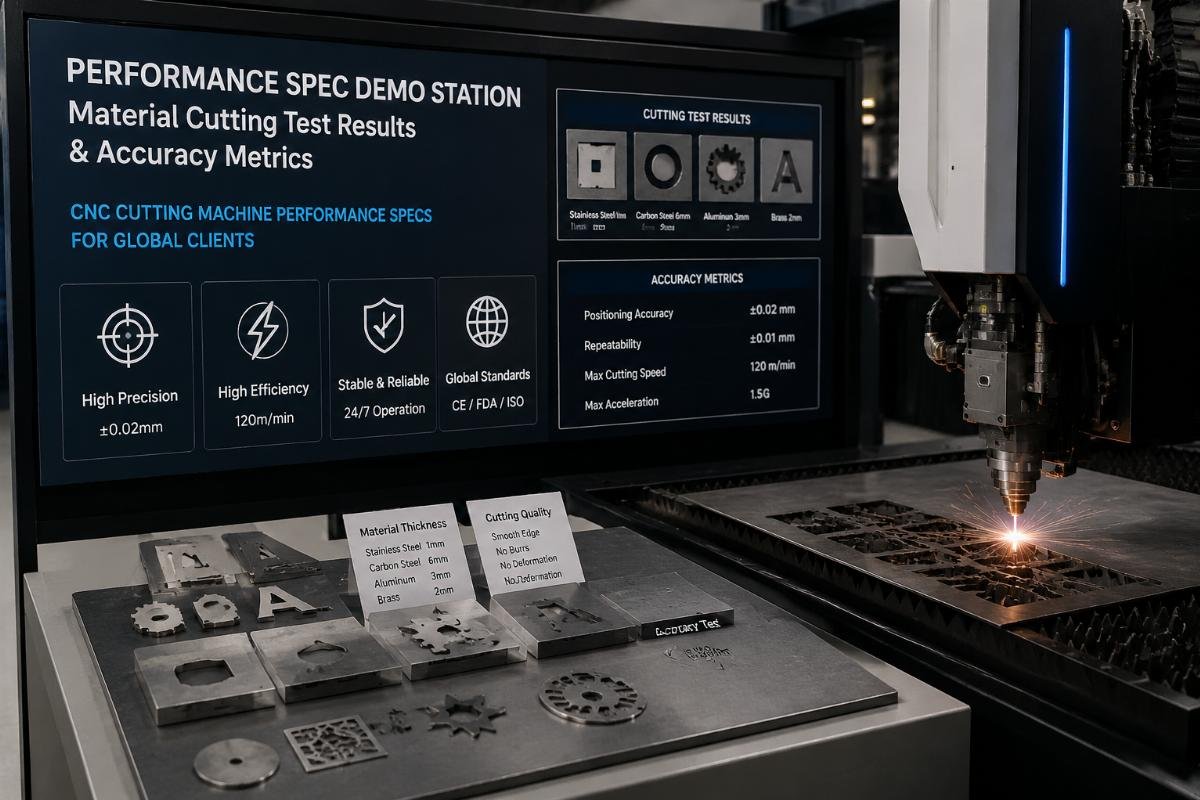 Performance spec demo station showing material cutting test results and accuracy metrics