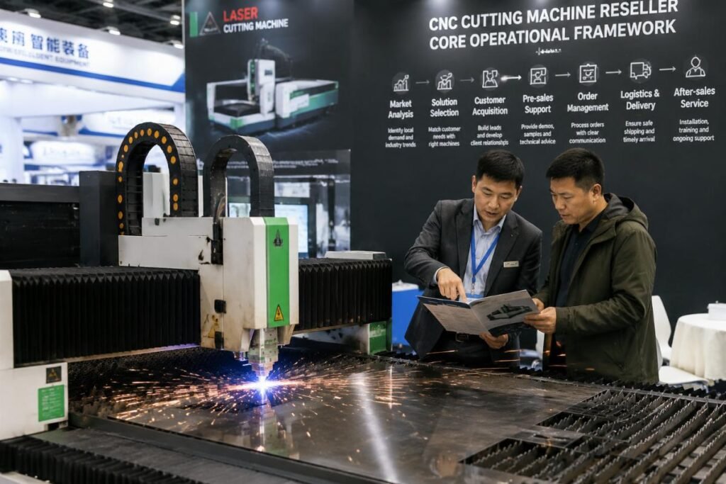 A CNC cutting machine being demonstrated at a regional industrial trade show, with a trader and end client reviewing product specifications