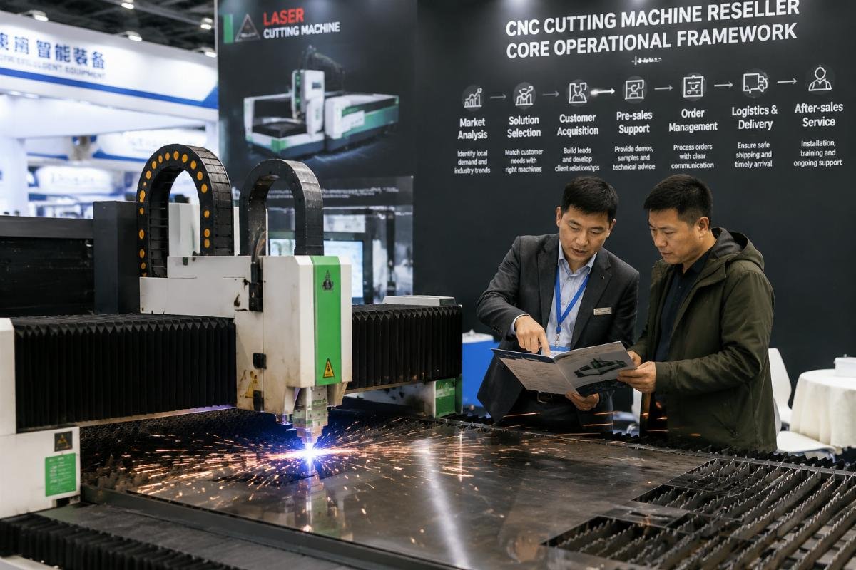 CNC cutting machine reseller core operational framework A CNC cutting machine being demonstrated at a regional industrial trade show, with a trader and end client reviewing product specifications
