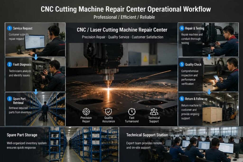 Workflow of a CNC cutting machine repair center with spare part storage and technical support station
