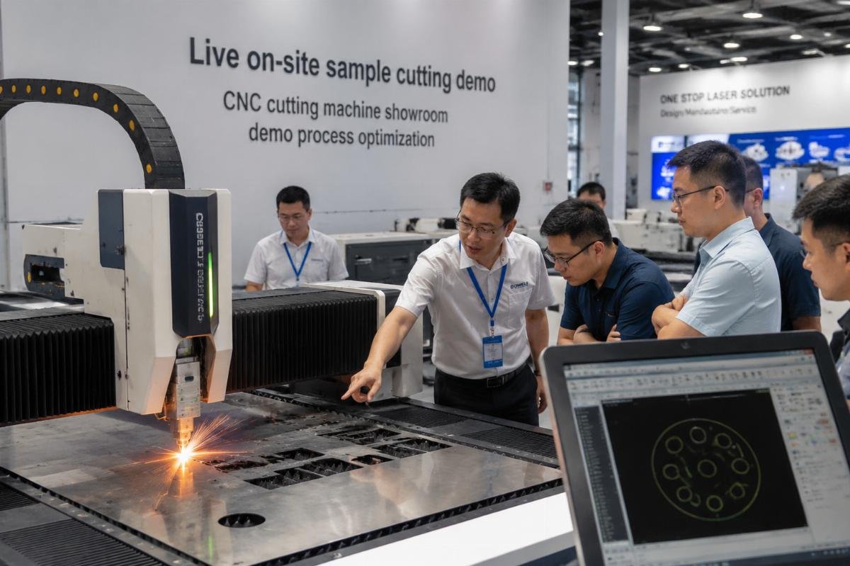 Live on-site sample cutting demo in a CNC cutting machine showroom