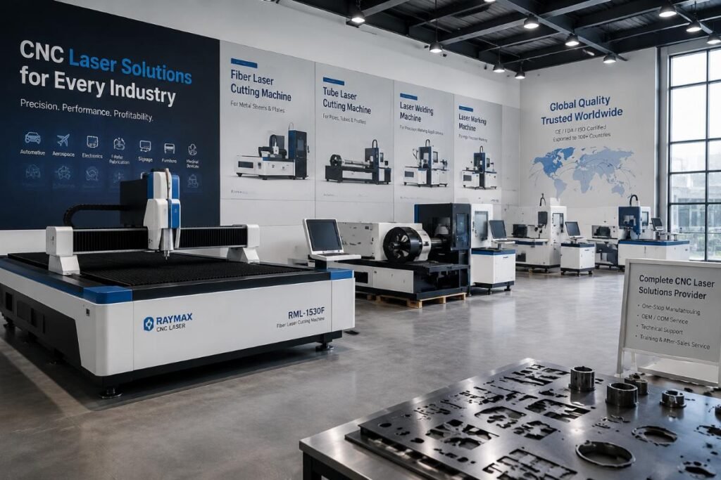 A well-organized CNC cutting machine showroom with clearly labeled equipment for different industrial use cases