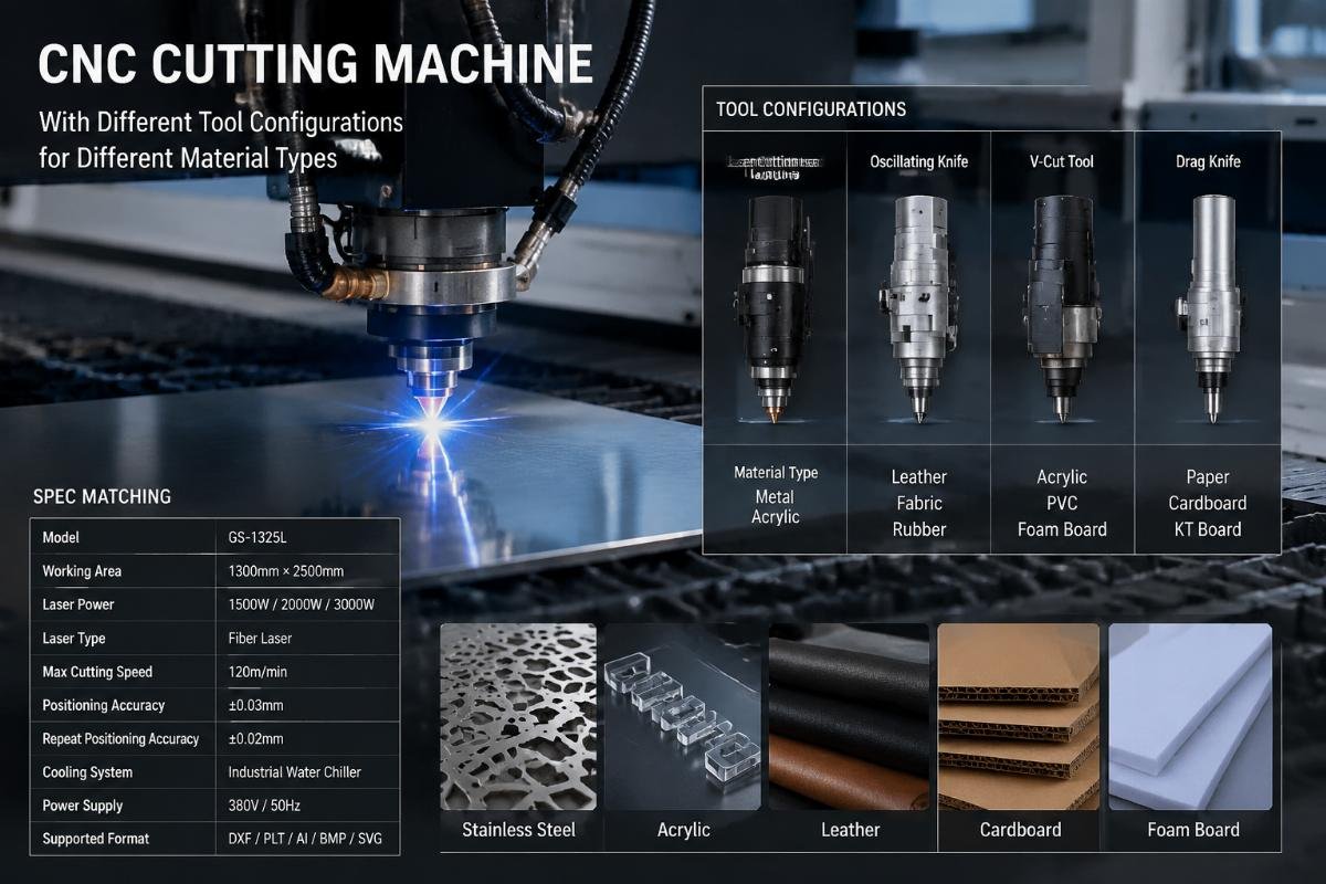 CNC cutting machine spec matching CNC cutting machine with different tool configurations laid out for different material types