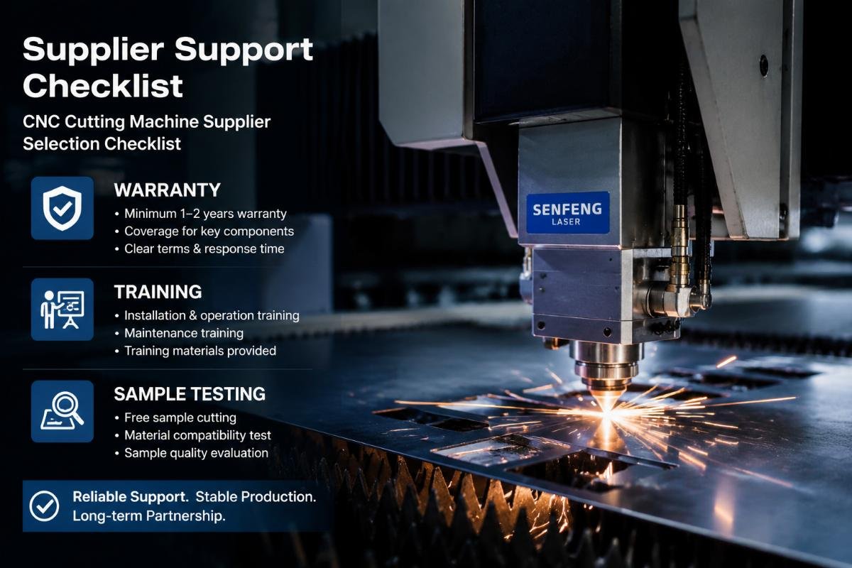 Supplier support checklist graphic showing warranty, training and sample testing requirements
