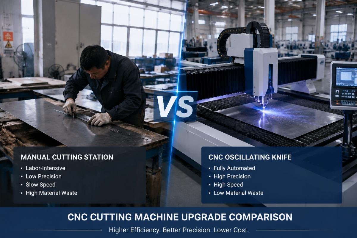 CNC cutting machine upgrade comparison A side-by-side comparison of a manual cutting station and a modern CNC oscillating knife cutting machine in a production facility