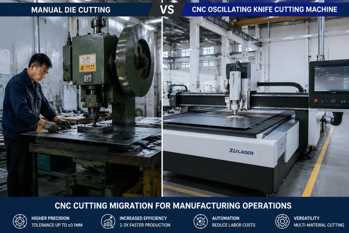 Side-by-side comparison of manual die cutting station and modern CNC oscillating knife cutting machine on a factory floor