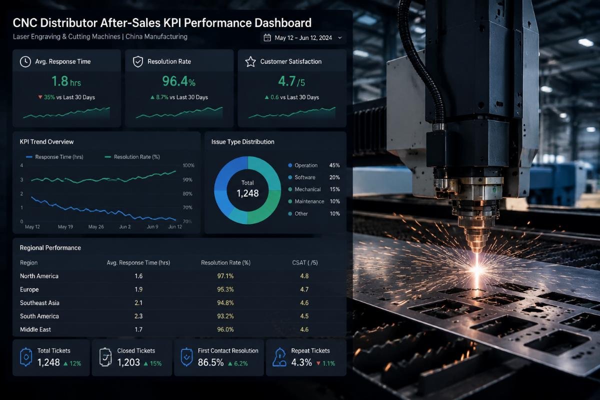 A dashboard showing after-sales KPI improvement: response time and resolution rate metrics