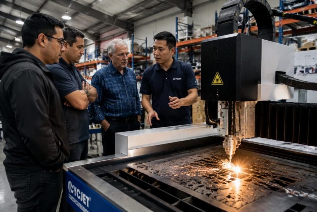 CNC distributor staff demonstrating a cutting machine to local end customers in a regional warehouse