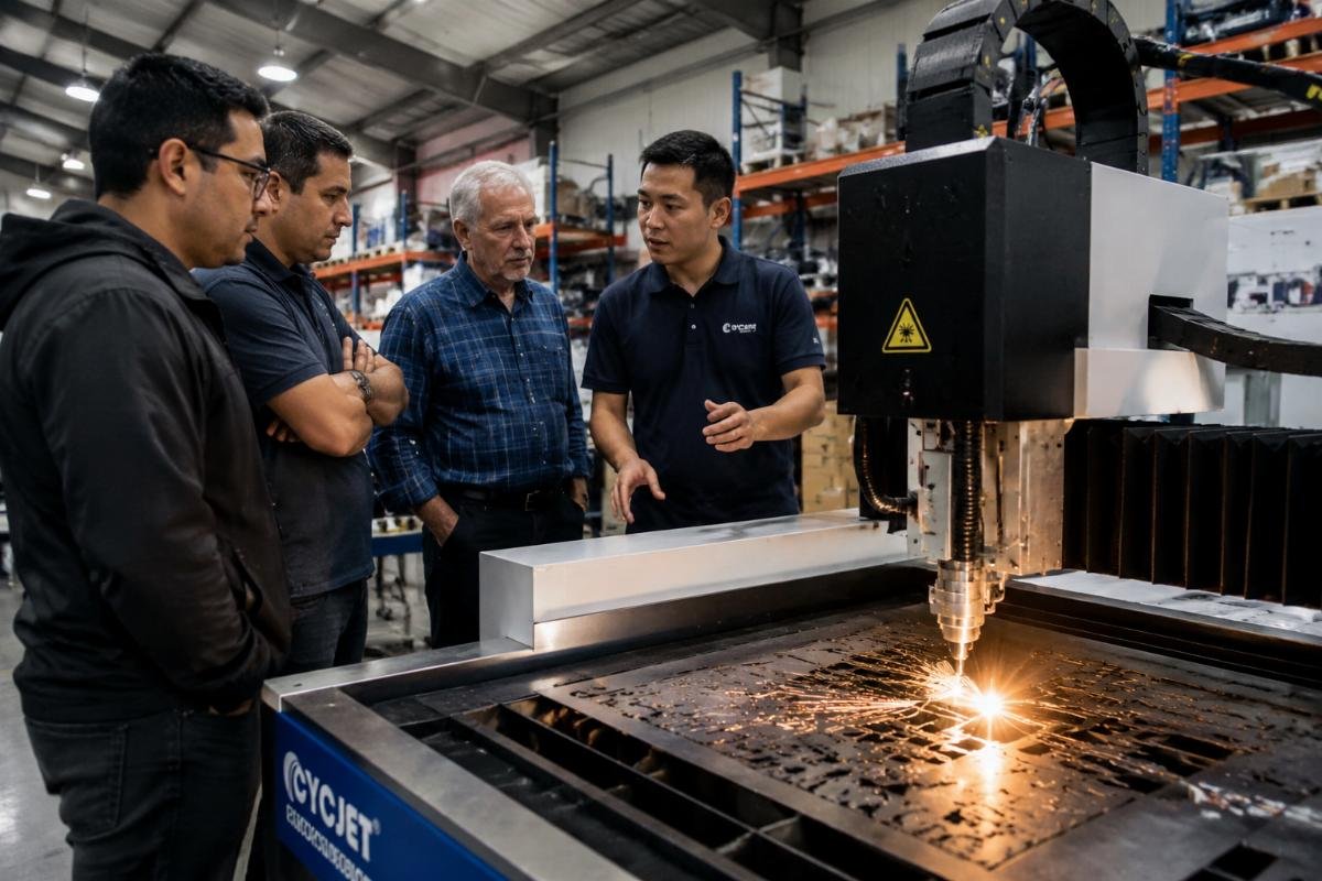 CNC distributors using demo machines to drive local order conversion CNC distributor staff demonstrating a cutting machine to local end customers in a regional warehouse