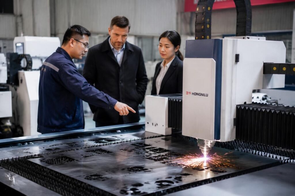 A CNC cutting machine operator demonstrating sample cutting for a trading partner's client