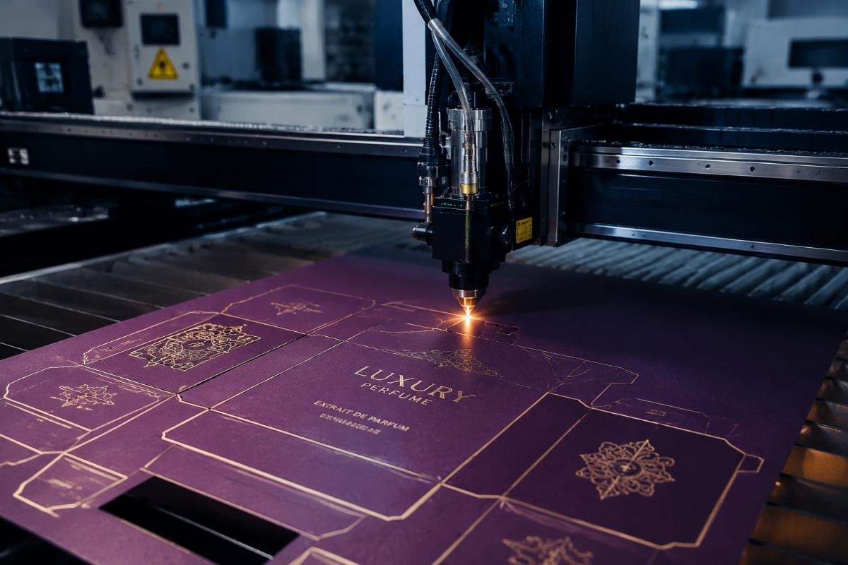 CNC machine for luxury packaging production CNC oscillating knife cutting machine processing luxury gift box materials in a production facility