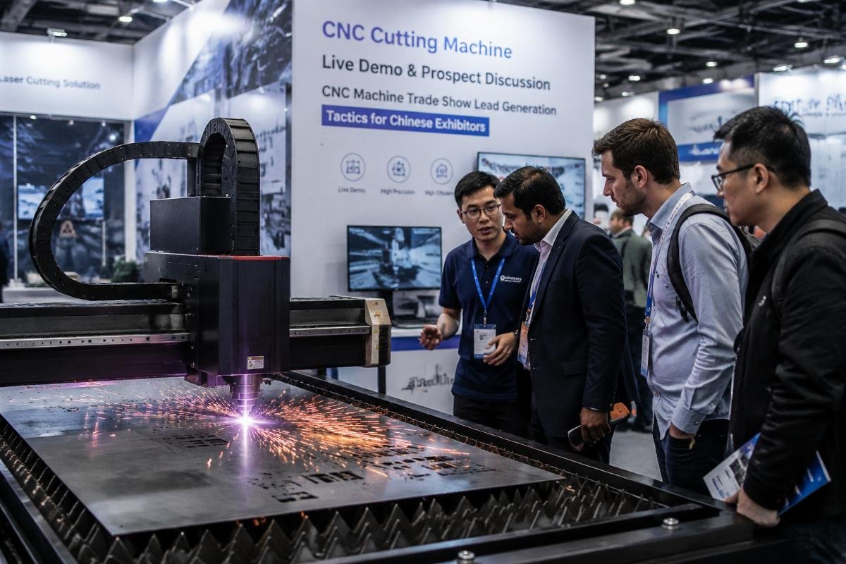 CNC cutting machine booth with live demo and prospect discussion