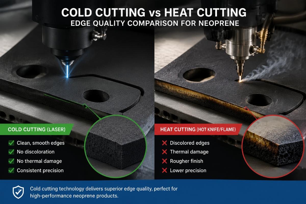 Cold cutting vs heat cutting edge quality comparison for neoprene Cutting test results showing clean neoprene edges from cold cutting technology vs discolored edges from heat cutting