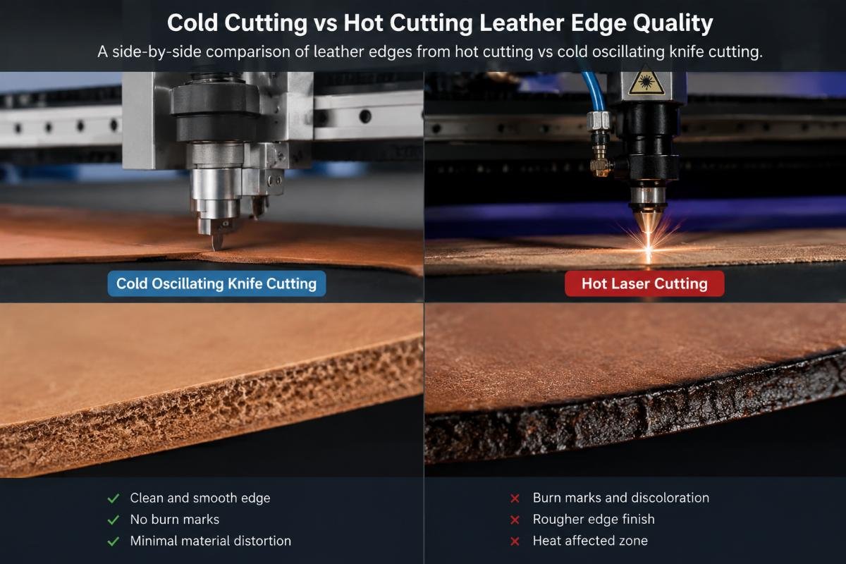 Cold cutting vs hot cutting leather edge quality A side-by-side comparison of leather edges from hot cutting vs cold oscillating knife cutting
