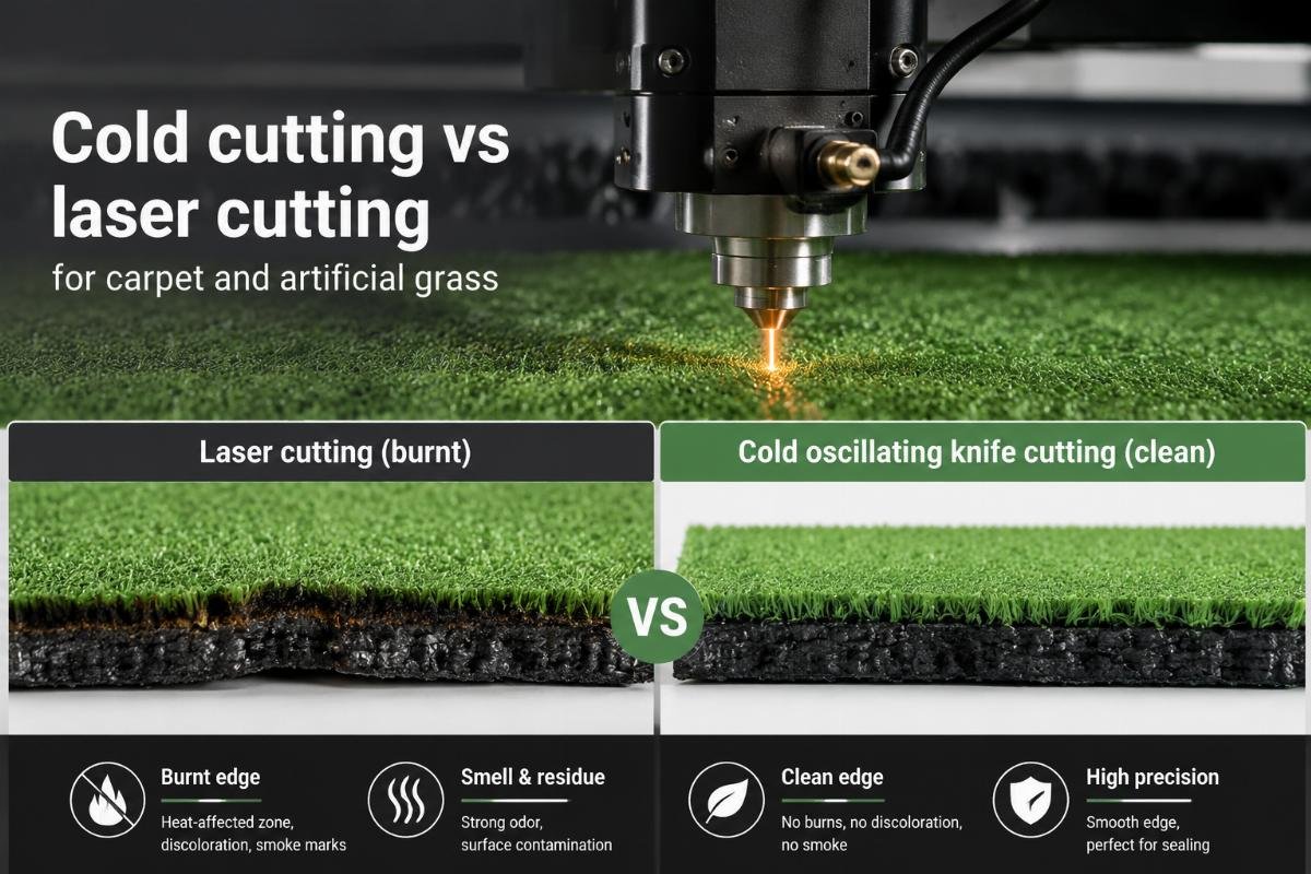 Cold cutting vs laser cutting for carpet and artificial grass Comparison of cut edges between laser cutting (burnt) and cold oscillating knife cutting (clean) on artificial grass material