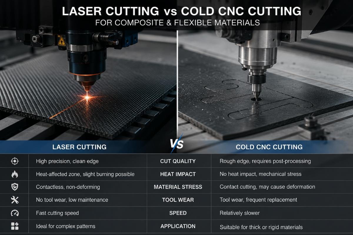 cold cutting vs laser cutting for flexible materials Side-by-side comparison of laser cutting and cold CNC cutting on composite materials