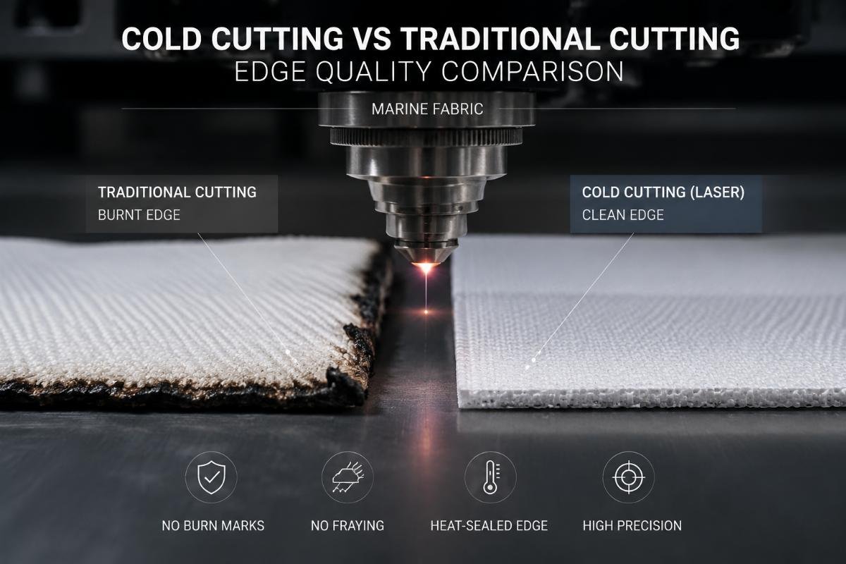 Side by side comparison of a burnt laser cut edge and a clean cold cut edge on marine fabric