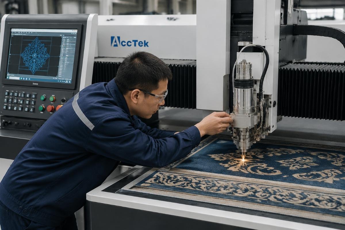 Core parameter setup for carpet CNC cutting equipment Technician adjusting tool configuration on a CNC cutting machine for carpet processing