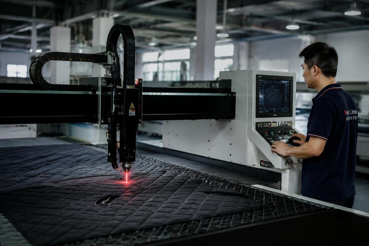 custom CNC cutter for equestrian pad manufacturing operation Production operator running a custom CNC cutting machine for equestrian pad production