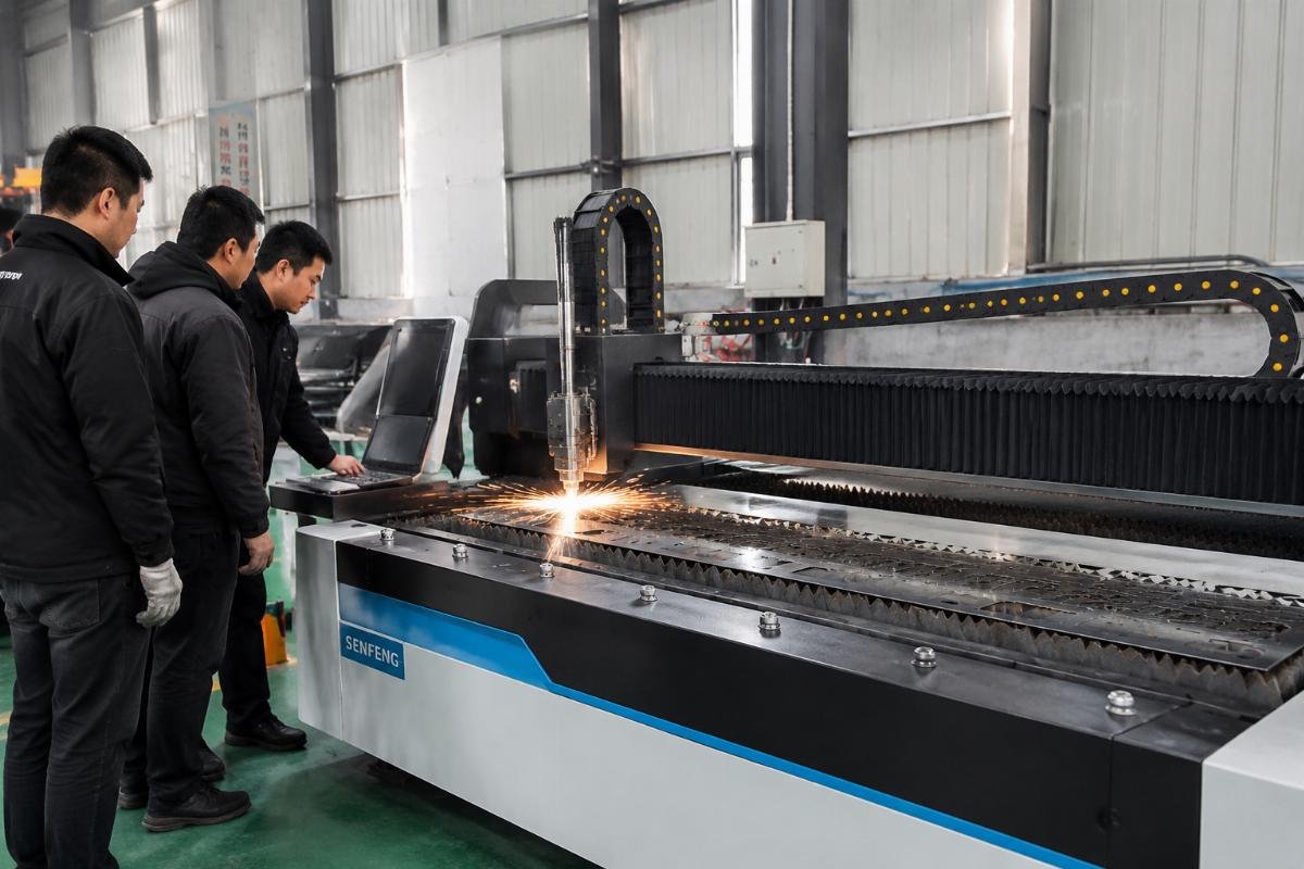 Production team testing a custom CNC cutting system on site after delivery
