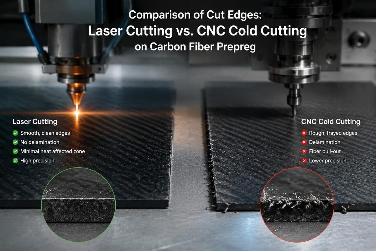Comparison of cut edges from laser cutting and CNC cold cutting on carbon fiber prepreg