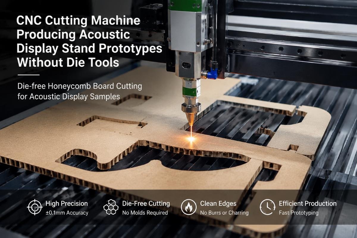 Die-free honeycomb board cutting for acoustic display samples CNC cutting machine producing acoustic display stand prototypes without die tools