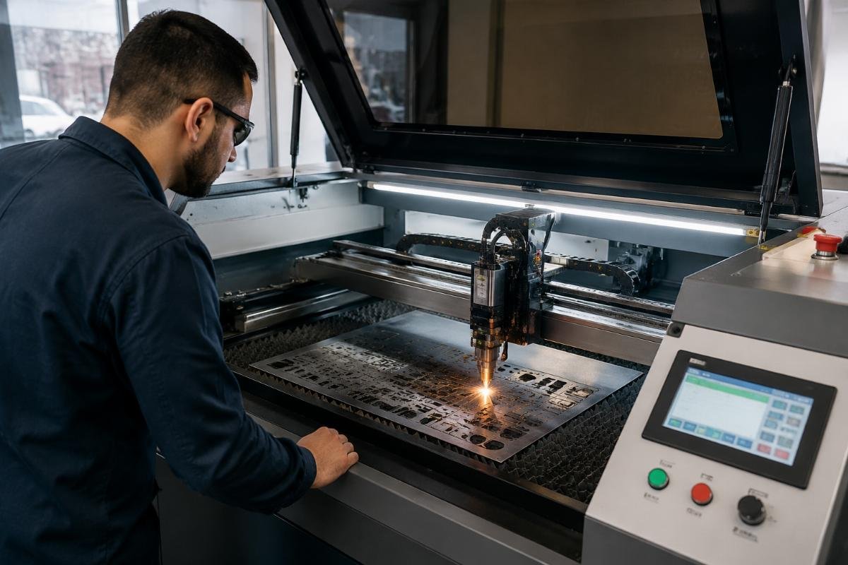 End customer test cuts on demo CNC equipment End customer staff running sample cutting tests on a loaned CNC demo machine