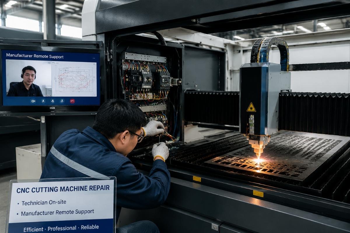Entry-level technician performing CNC cutting machine repair with manufacturer support Technician completing CNC cutting machine repair guided by manufacturer remote support