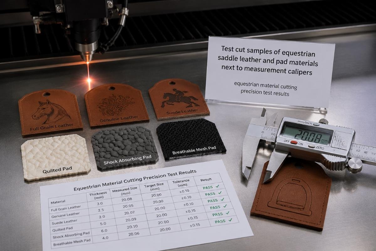 equestrian material cutting precision test results Test cut samples of equestrian saddle leather and pad materials next to measurement calipers