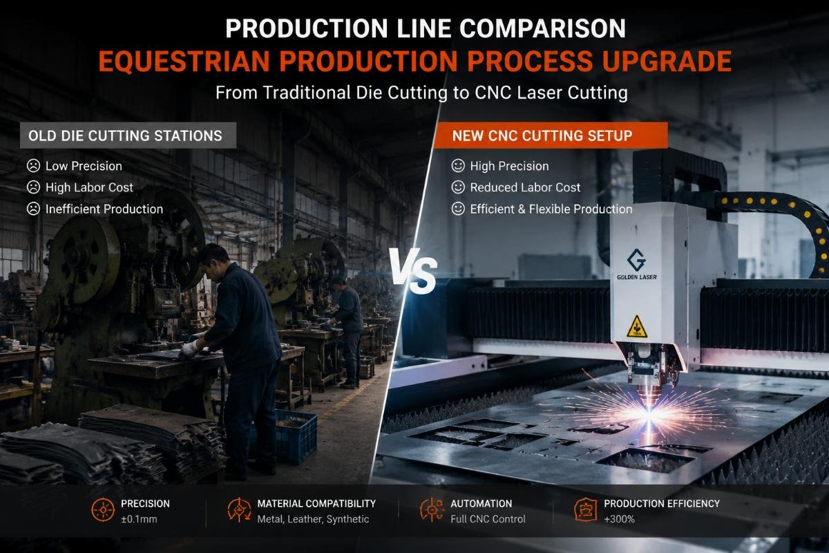 equestrian production process upgrade comparison Production line comparison between old die cutting stations and new CNC cutting setup