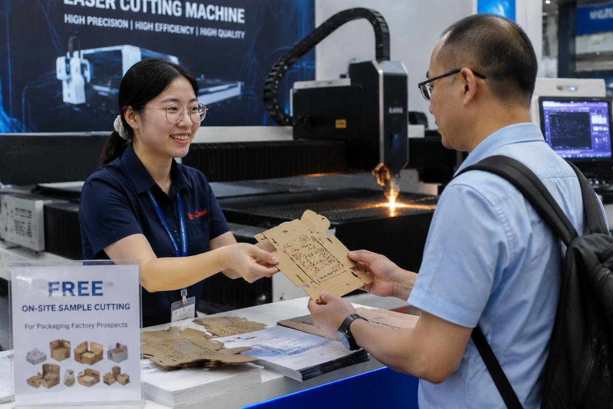 Staff handing custom cut sample carton to a booth visitor