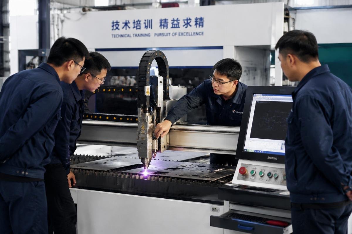 Technicians practicing fault troubleshooting on a CNC cutting machine during a training session